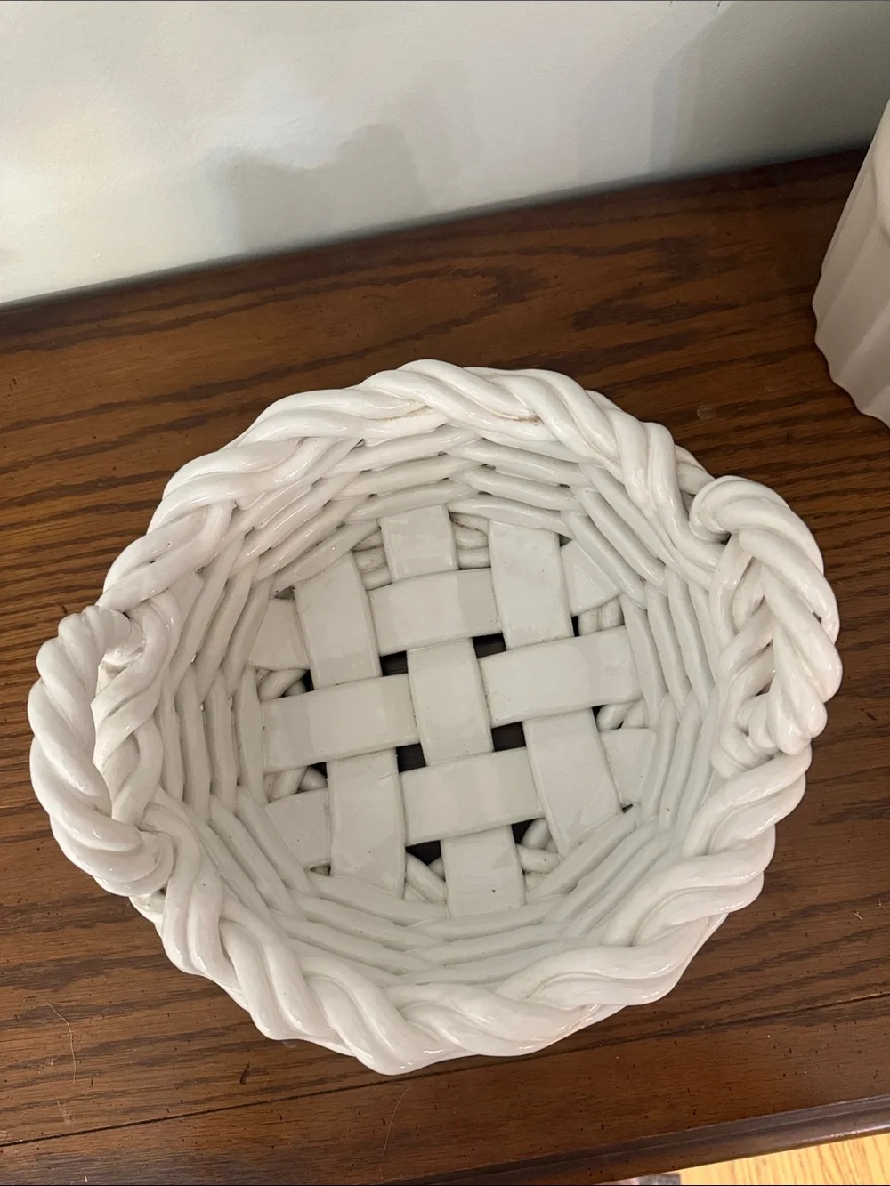 White Ceramic Woven Basket / Bread Decorative Bowl Stamped Made in Italy